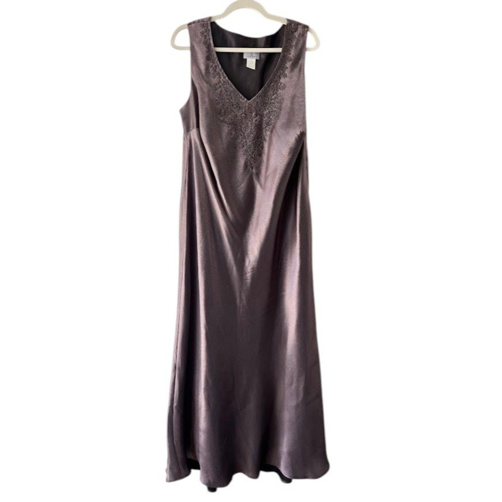 JL Studio Y2K Womens 20W Metallic Taupe Beaded Embroidered Satin Maxi Dress Plus